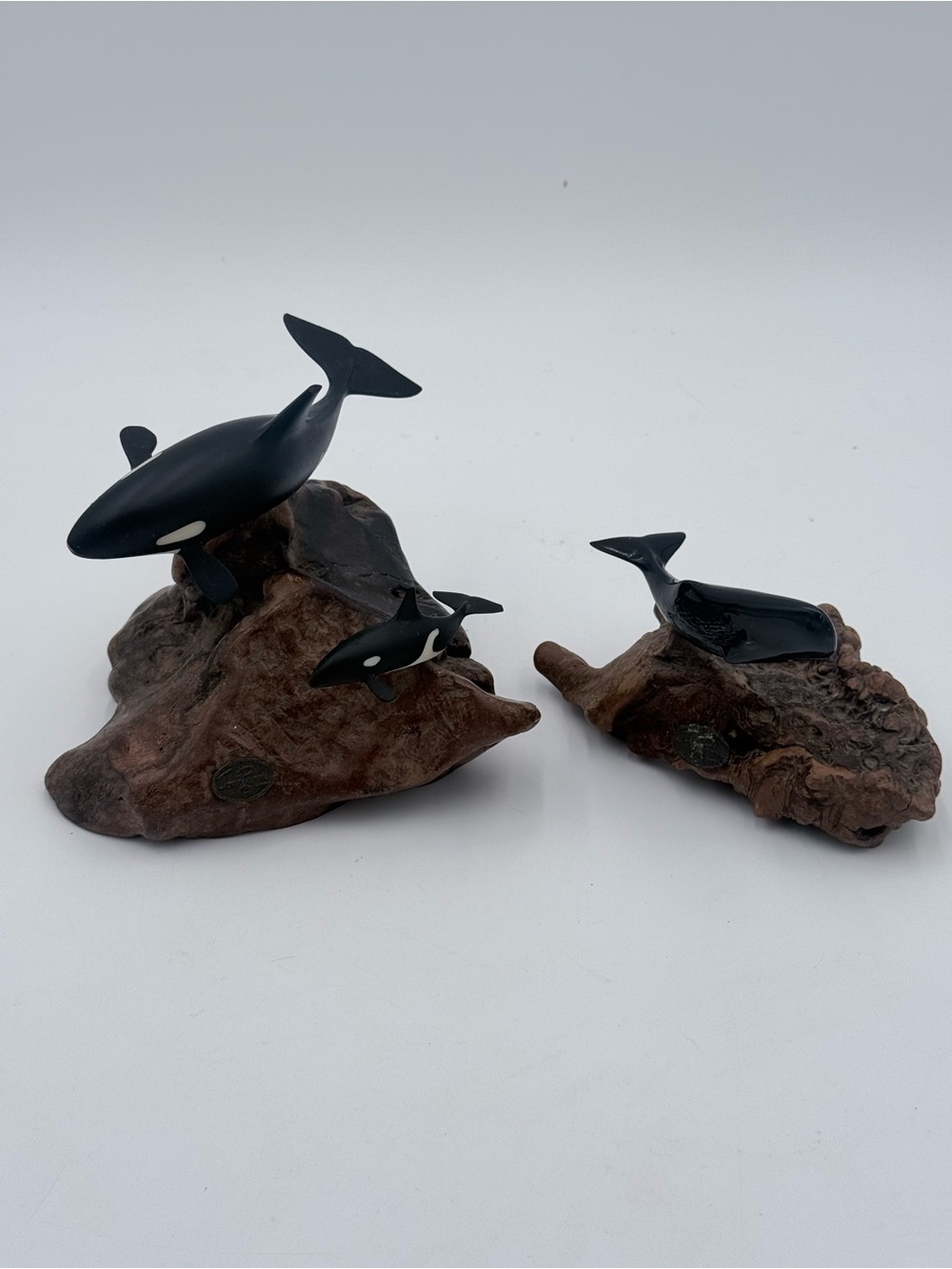 Vintage John Perry Studio Whale Sculptures Figurines Mounted On Burlwood Set